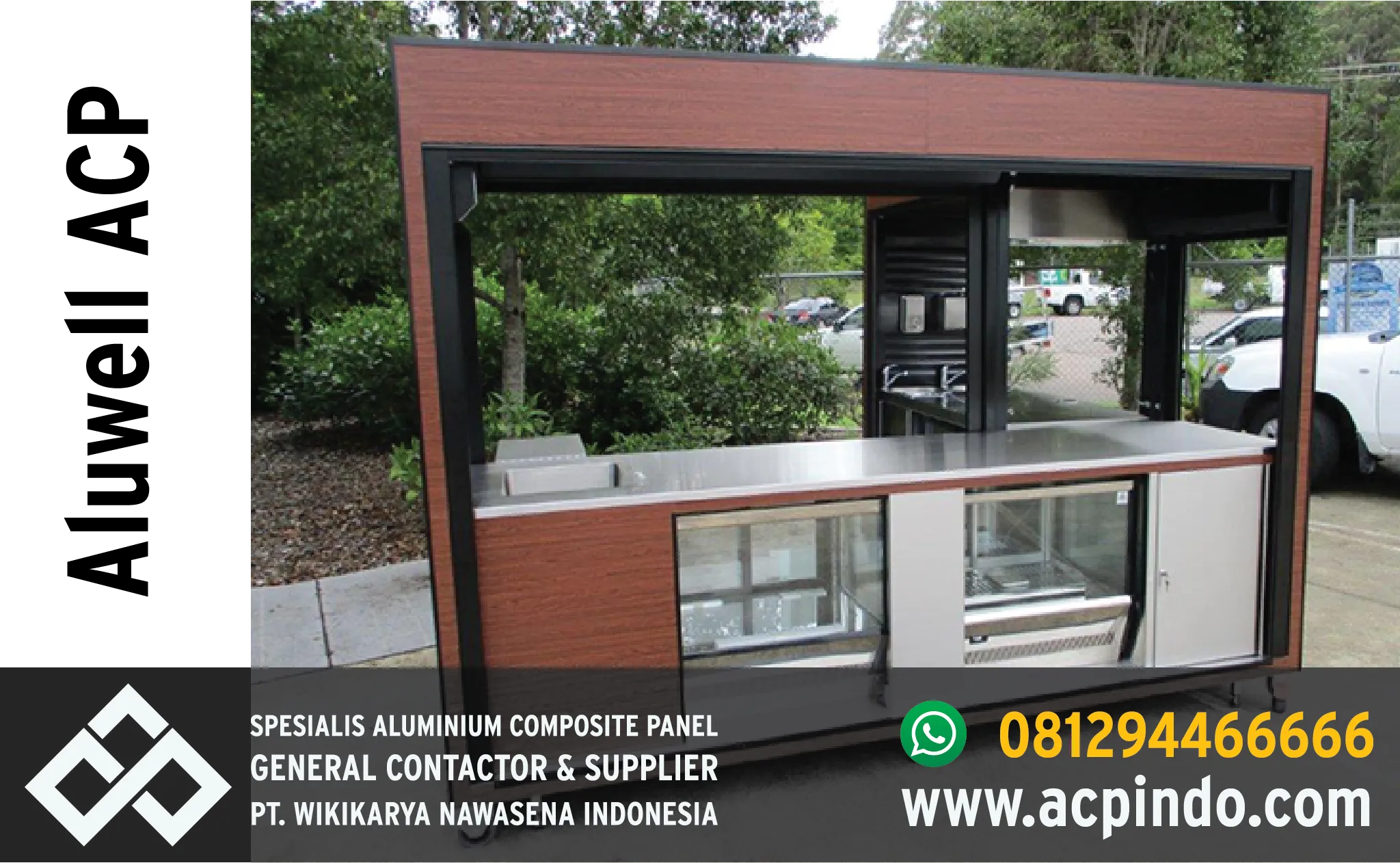 ACP digunakan dalam pembuatan furnitur dan kios. Kios pada gambar terbuat dari ACP merek Aluwell